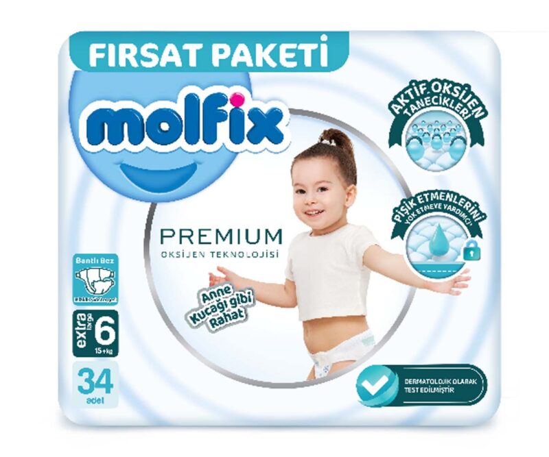 Molfix Premium бебешки пелени 6-ца, 15+кг/34бр.